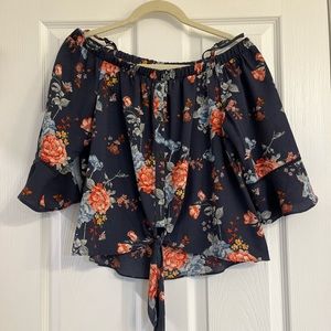 Navy Floral Spaghetti Strap Off the Shoulder Blouse
